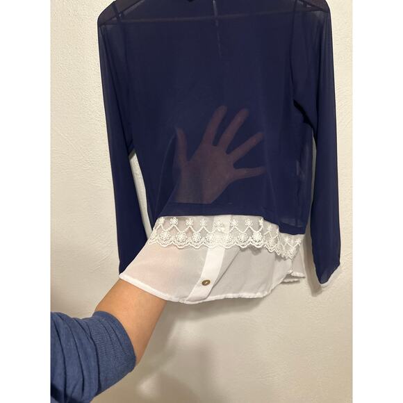 Cosmo NWT made in Italy Sheer Blouse S Navy White Preppy Layered Look Peekaboo - Picture 3 of 16